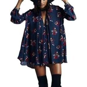 Free People Green Jade Retro Floral Swing Tunic Mini Dress Size Small
